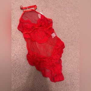 New Small red lace fishnet bodysuit lingerie sheer stretchy